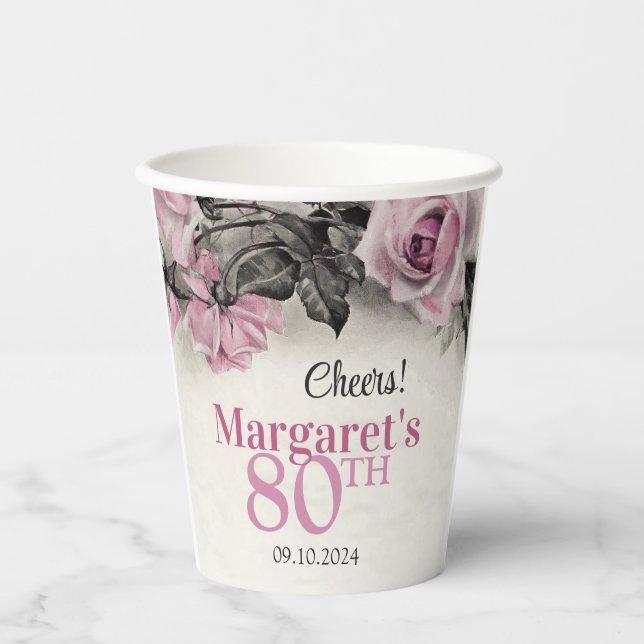 Vintage Pink Roses 80th Birthday Paper Cups (Front)