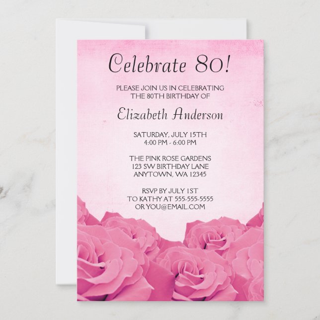 Vintage Pink Roses 80th Birthday Party Invitation (Front)
