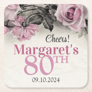 Vintage Pink Roses 80th Birthday Square Paper Coaster