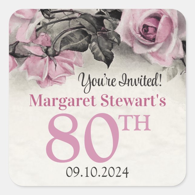 Vintage Pink Roses 80th Birthday  Square Sticker (Front)