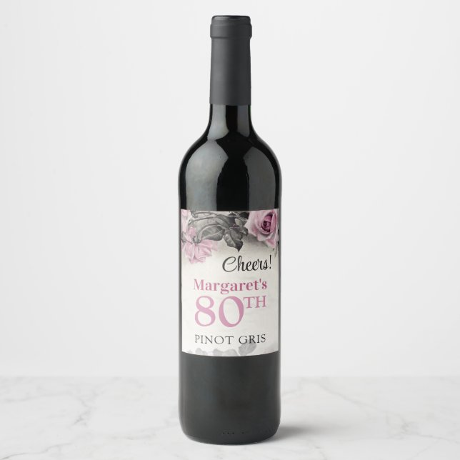 Vintage Pink Roses 80th Birthday Wine Label (Front)