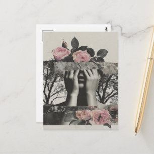 Vintage Pink Roses Abstract Woman Collage Postcard