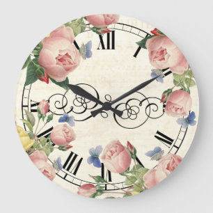 Vintage Pink Roses and Blue Butterflies Large Clock