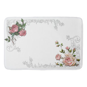 Vintage Pink Roses and Engraved Leafy Border Bath Mat
