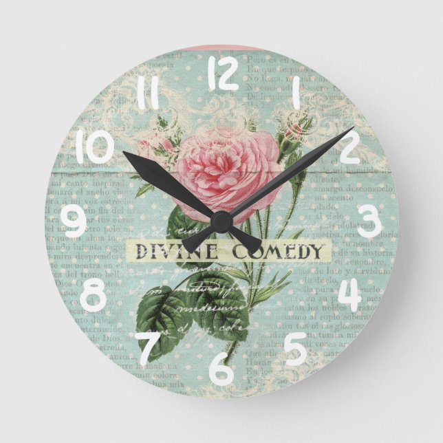 Vintage Pink Roses and French Writing Round Clock (Front)