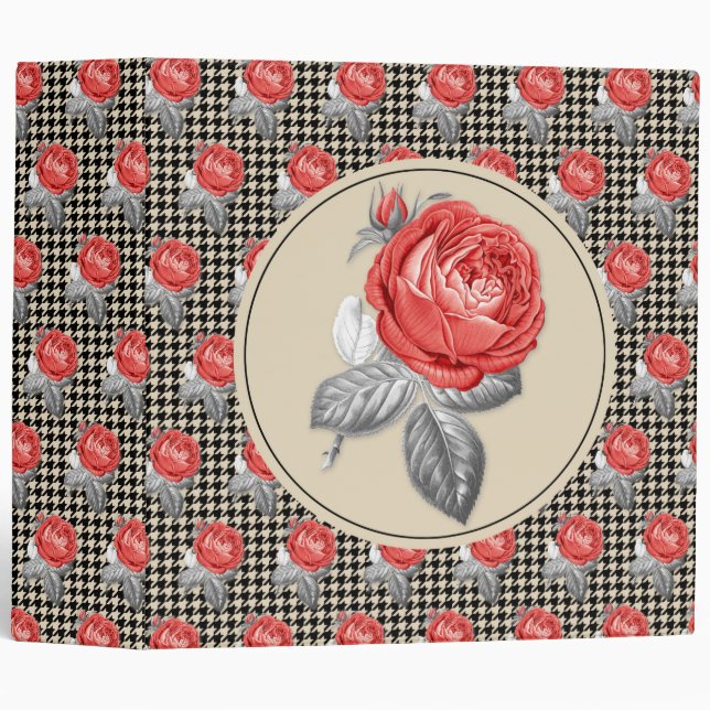 Vintage pink roses and houndstooth pattern binder (Front/Spine)