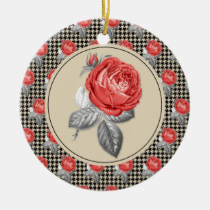 Vintage pink roses and houndstooth pattern ceramic ornament