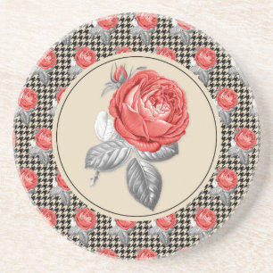 Vintage pink roses and houndstooth pattern coaster