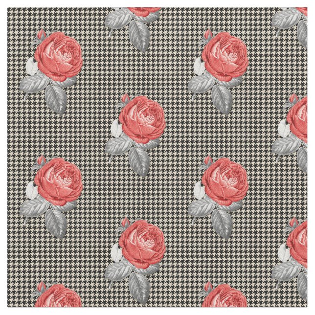 Vintage pink roses and houndstooth pattern fabric (Close Up)