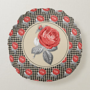 Vintage pink roses and houndstooth pattern round pillow