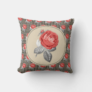 Vintage pink roses and houndstooth pattern throw pillow