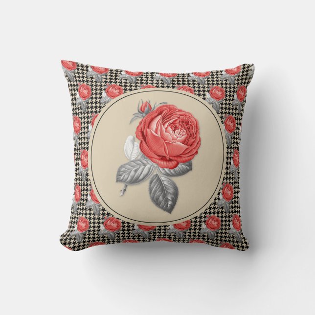 Vintage pink roses and houndstooth pattern throw pillow (Front)