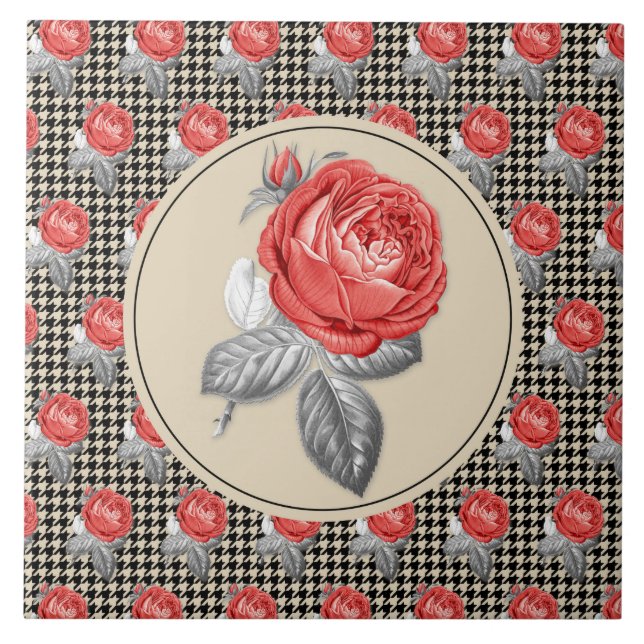 Vintage pink roses and houndstooth pattern tile (Front)