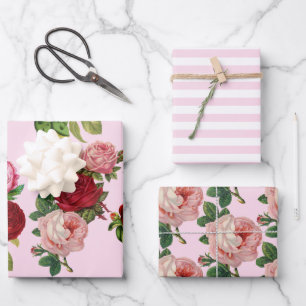 Vintage Pink Roses and Pink Stripes Set of 3 Wrapping Paper Sheet