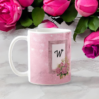 Vintage Pink Roses and Shabby Chic Framed Initial Coffee Mug