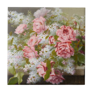 Vintage Pink Roses and White Lilacs Tile