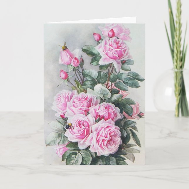 Vintage Pink Roses Bouquet Greeting Card (Front)