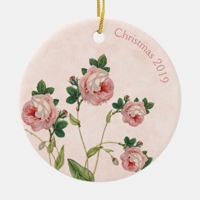Vintage Pink Roses Christmas Ceramic Ornament (Front)