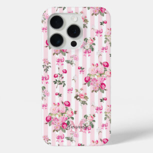 Vintage Pink Roses Coquette Bow  Stripes    iPhone 15 Pro Case