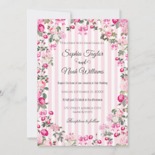 Vintage Pink Roses Coquette Bow Stripes Invitation