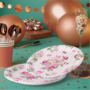 Vintage Pink Roses Coquette Bow Stripes Paper Plate