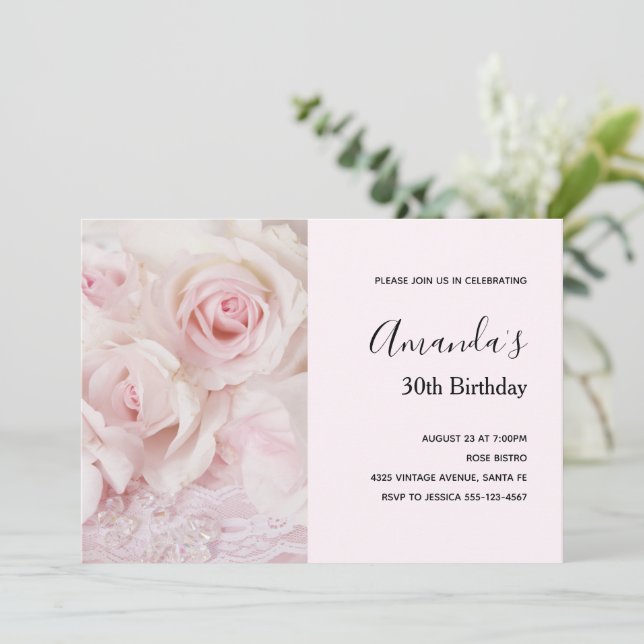 Vintage Pink Roses & Elegant Lace - Birthday Invitation (Standing Front)