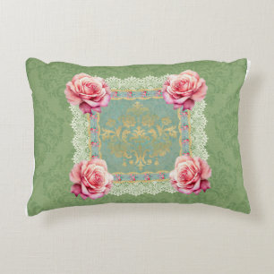 Vintage Pink Roses Faded Damask Design Accent Pillow