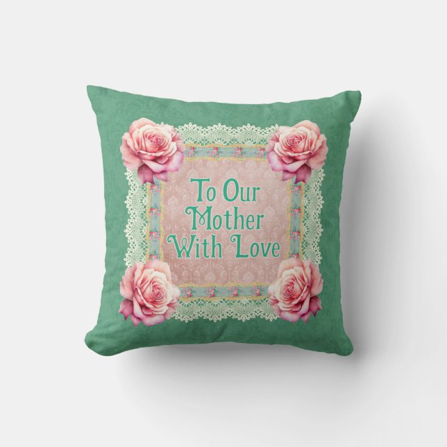 Vintage Pink Roses Faded Damask Personalized Throw Pillow (Front)