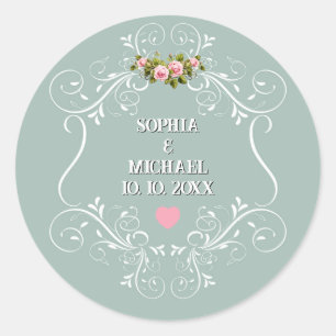 Vintage Pink Roses Floral and Sage Green Wedding Classic Round Sticker