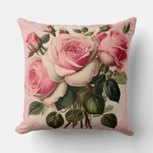 Vintage Pink Roses Floral Bouquet Throw Pillow