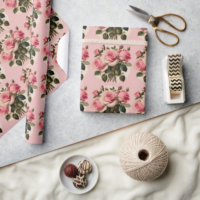 Vintage Pink Roses Floral Bouquet  Wrapping Paper (Crafts)