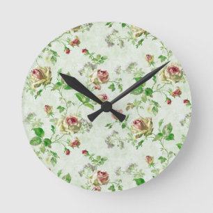 Vintage Pink Roses Floral Pattern Round Clock
