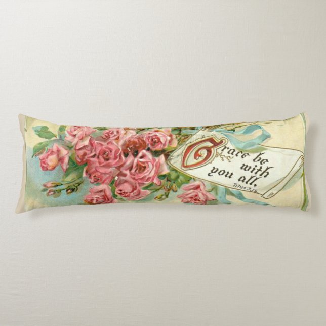 Vintage Pink Roses Flowers Scripture Verse Body Pillow (Front)