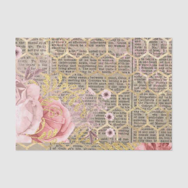 Vintage Pink Roses Gold Honeycomb Tissue Paper (Front)