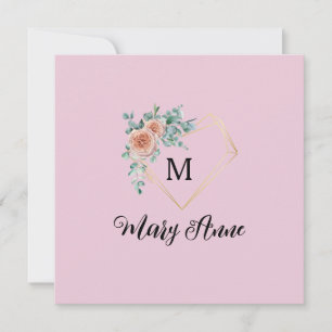 Vintage Pink Roses Golden Heart Monogram and Name Holiday Card