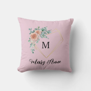 Vintage Pink Roses Golden Heart Monogram and Name Throw Pillow