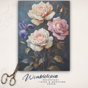 Vintage Pink Roses & Iris Decoupage Art Tissue Paper