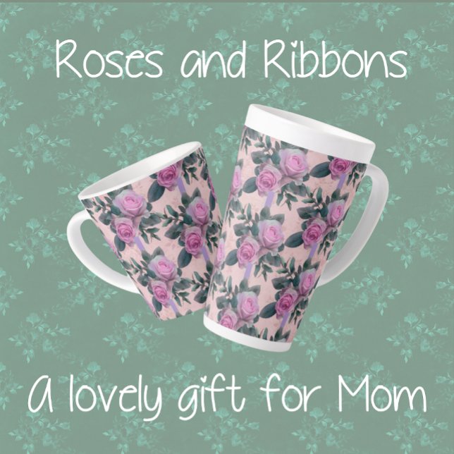 Vintage Pink Roses Lavender Ribbons Latte Mug (Latte mugs in 2 sizes)