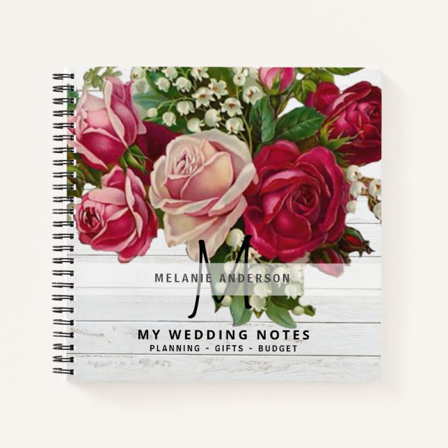 Vintage Pink Roses Monogram Wedding Planning Bride Notebook (Front)