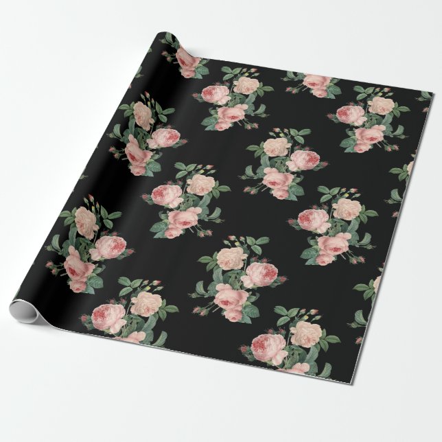 Vintage Pink Roses on Black Wrapping Paper (Unrolled)