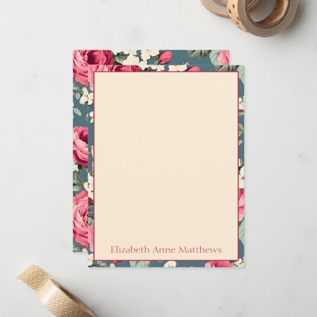 Vintage Pink Roses on Deep Blue Card (Front/Back In Situ)