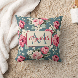 Vintage Pink Roses on Deep Blue Monogram Throw Pillow