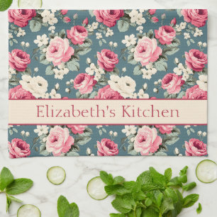 Vintage Pink Roses on Deep Blue Personalized Kitchen Towel