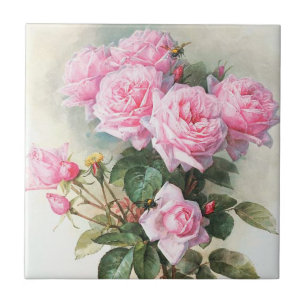 Vintage Pink Roses Painting Tile