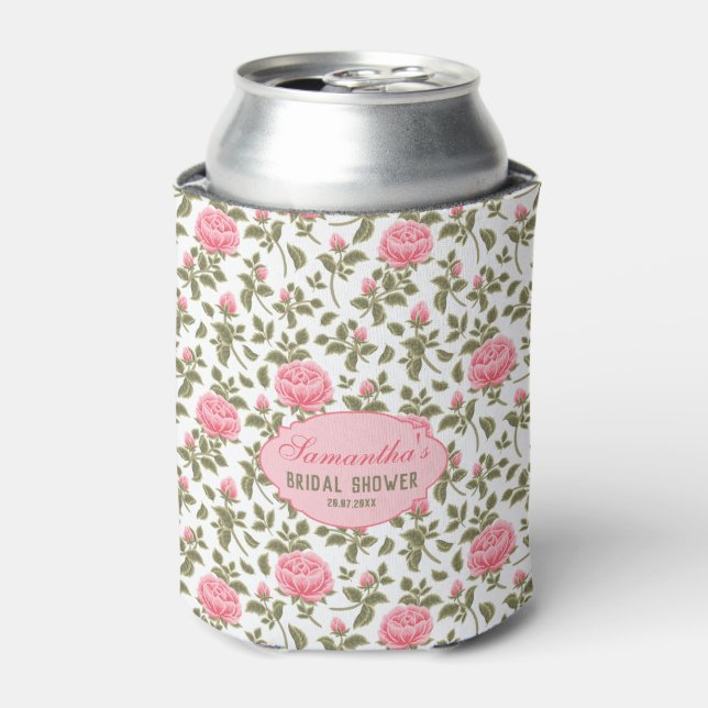 Vintage Pink Roses Personalized Bridal Shower Can Cooler (Can Front)