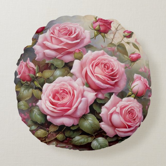 Vintage Pink Roses Round Pillow (Front)