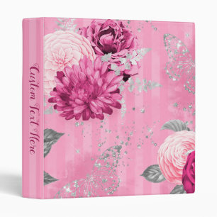 Vintage Pink Roses Silver Glitter Butterfly Binder