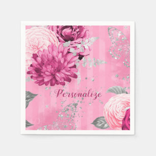 Vintage Pink Roses Silver Glitter Butterfly Napkin