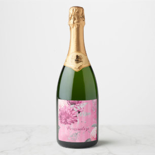 Vintage Pink Roses Silver Glitter Butterfly Sparkling Wine Label