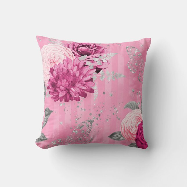 Vintage Pink Roses Silver Glitter Butterfly Throw Pillow (Front)
